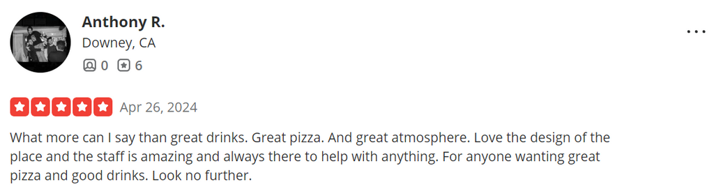 What more can I say than great drinks. Great pizza. And great atmosphere. Love the design of the place and the staff is amazing and always there to help with anything. For anyone wanting great pizza and good drinks. Look no further.